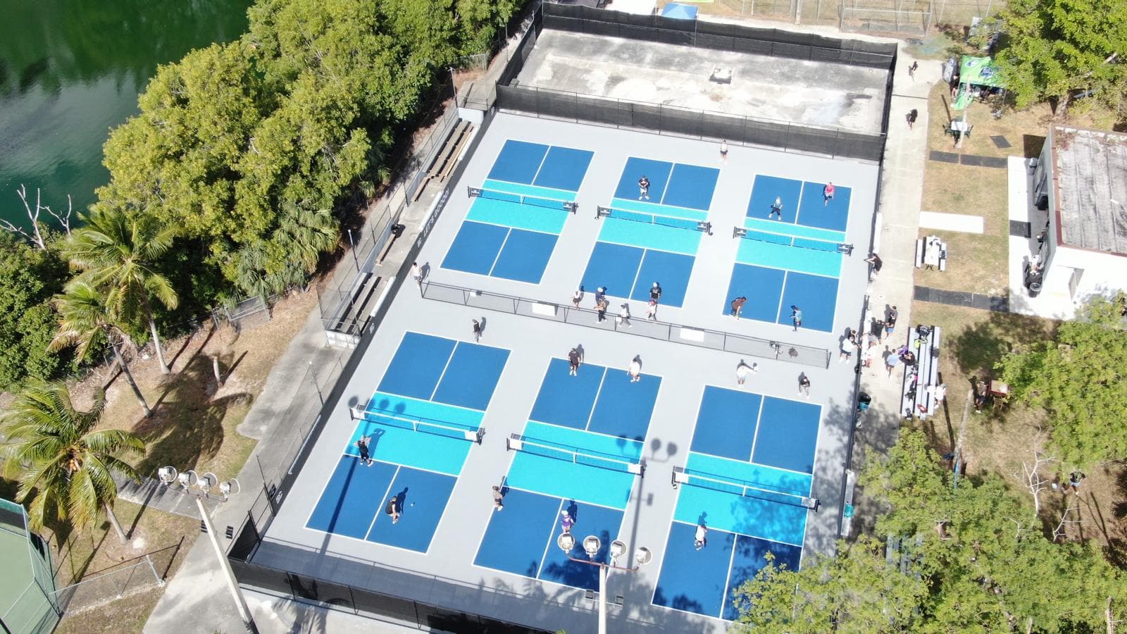 Aerial view of busy pickleball facility